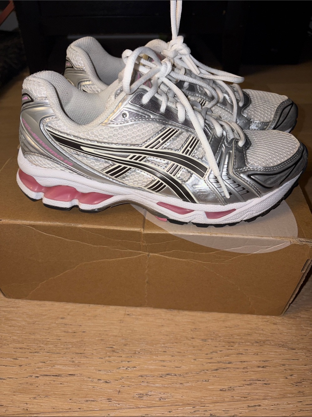 Asics White, Silver & Pink Women's Athletic Running Shoes- men 7 women 8.5